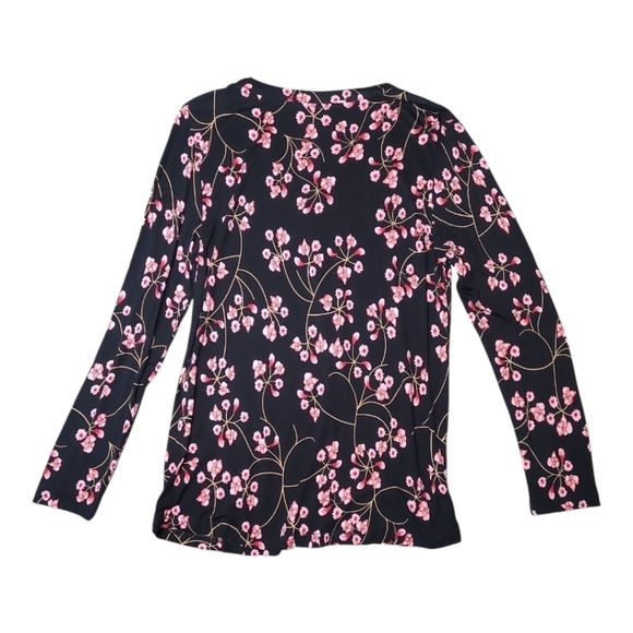 Black Pink Floral V-Neck Long Sleeve Top Medium Soft Stretch Everyday Casual - Picture 4 of 12